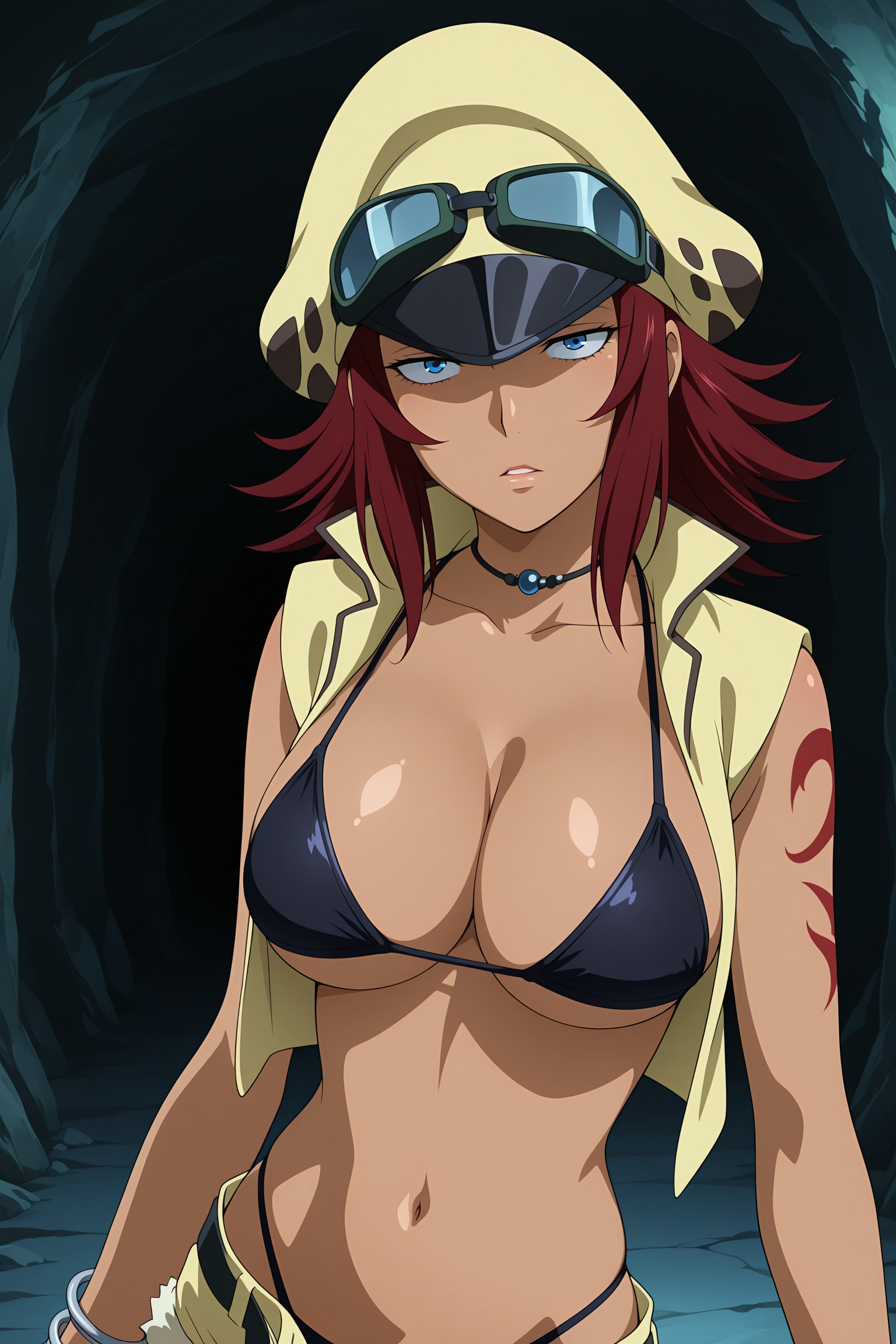 A woman with blue eyes, red hair, and a serious expression standing inside a cave, looking at the viewer. She has a red tattoo on her upper left arm, and is wearing a black bikini under an open, sleeveless, yellow vest and shorts. She also wears a matching yellow hat with dark spots, a black visor, and a pair of goggles pushed up onto it. The background consists of rough, rocky cave walls in deep shadow.
