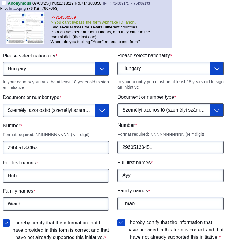 Form with fake identity