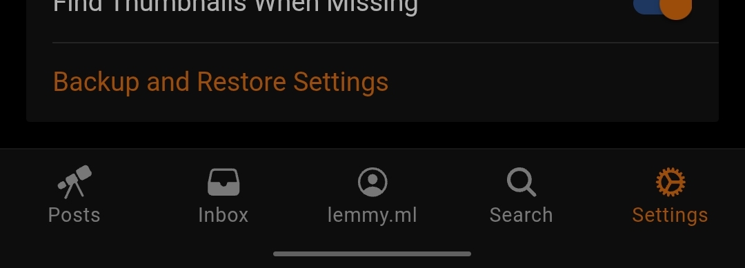 Picture of settings in the Voyager app showing the Backup and Restore settings option