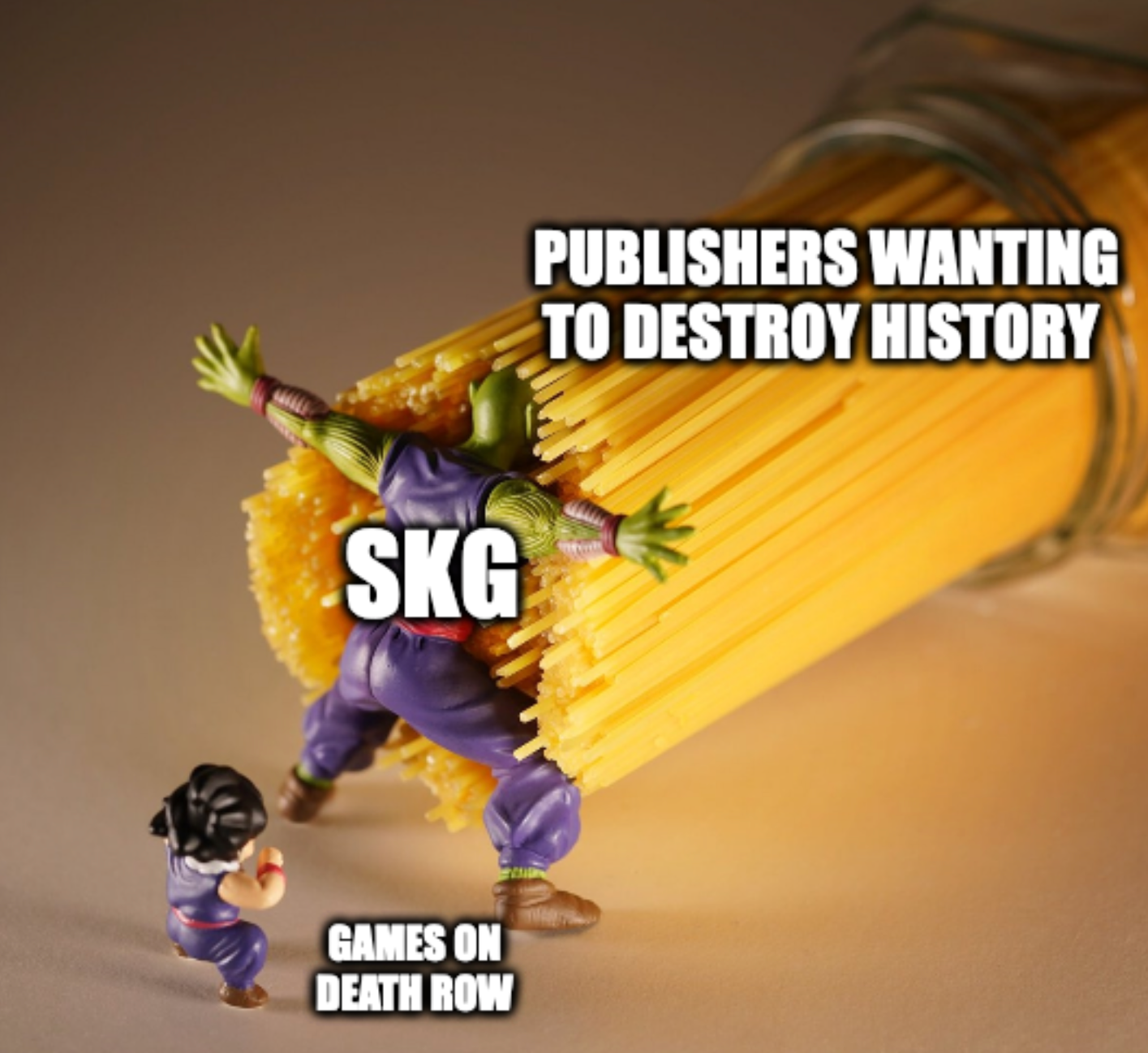 Dragon Ball Z alien "SKG" protects little guy "Games on death row" from spaghetti attack "Publishers wanting to destroy history"
